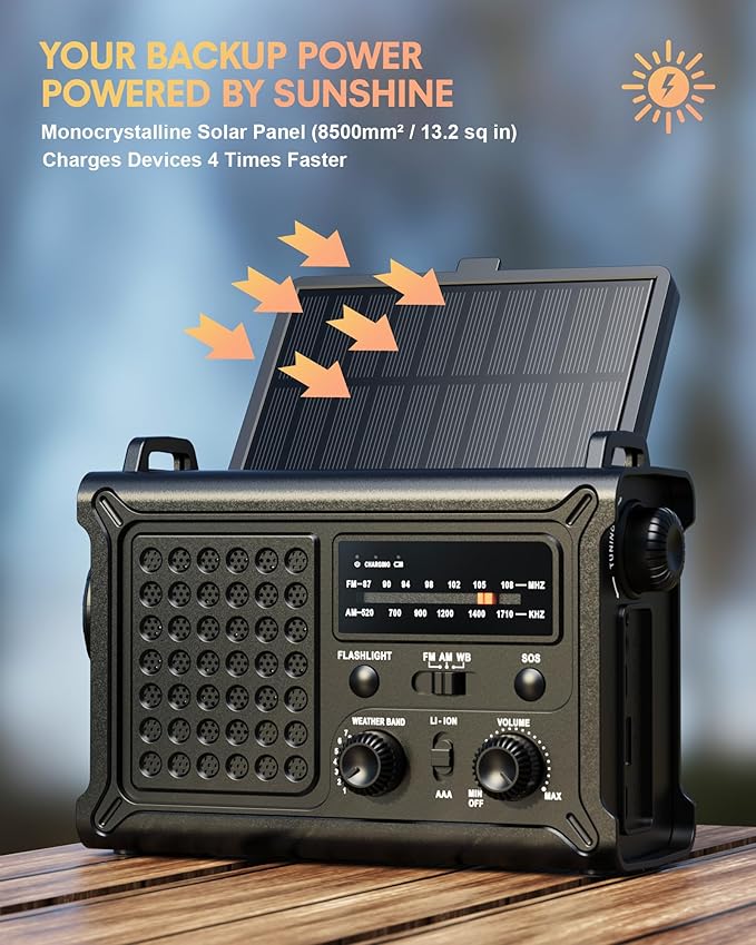 Upgraded Emergency Weather Radio - Hand Crank & Solar Powered, NOAA/AM/FM Radio with Weather Alert, Portable USB Charger, Flashlight, Reading Lamp, SOS for Home Emergency Kit, Camping & Outdoor Black