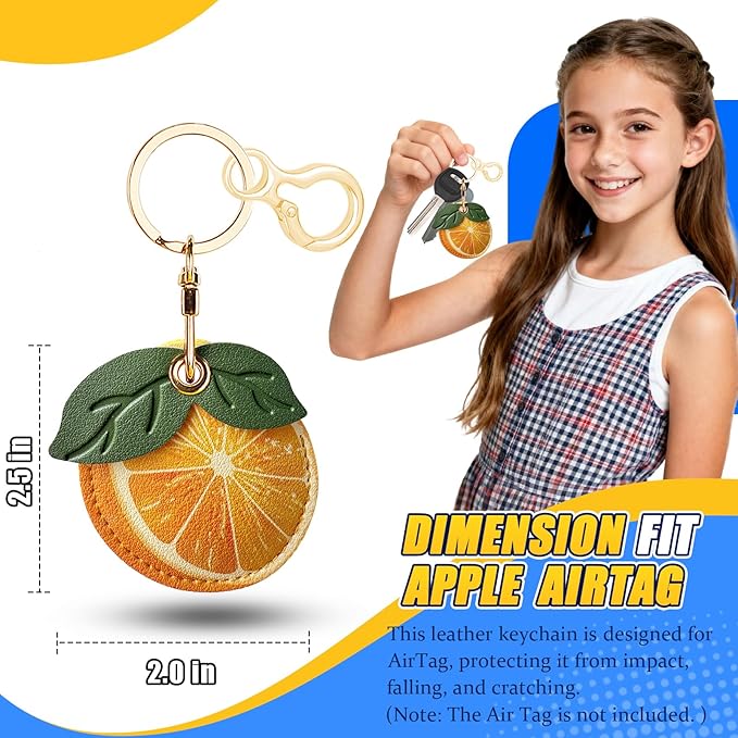 Leather Keychain for Airtag, Cute Protective Keychain Holder Compatible with Apple Air Tag,GPS Item Tracker Case Cover for Keys,Bags,Pets,Luggage(Orange)