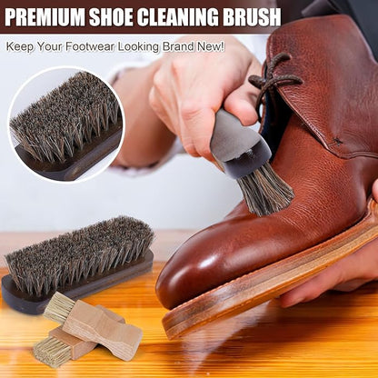 YUET 13PC Shoe Polish Care Kit Leather Boot Shine Set w/Travel Case, Brush, Cloth, Shoehorn, Brown Black Neutral Polish