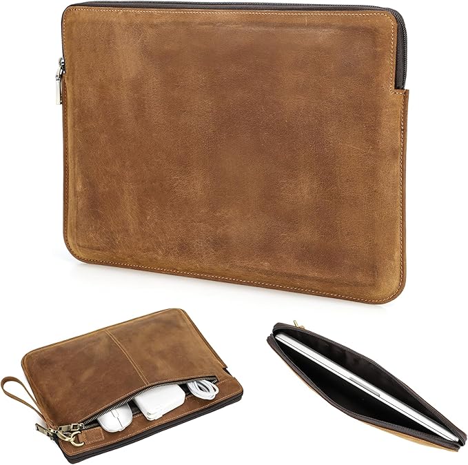 Top Grain Leather 13.3" Slim Laptop Sleeve Bag, Vintage Design with 2 Zip Pockets, Fully Handmade, Compatible with MacBook Pro 13.3" MacBook Air 2022 DELL XPS 13" & other PC, Brown 13.3 Inch