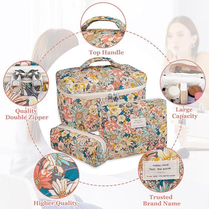 Makeup Bag Set, Quilted Makeup Bag, Large Floral Cosmetic Bag for Women, Cute Cotton Makeup Bags, Flower Travel Toiletry Organizer Bag (South Twigs Flower)