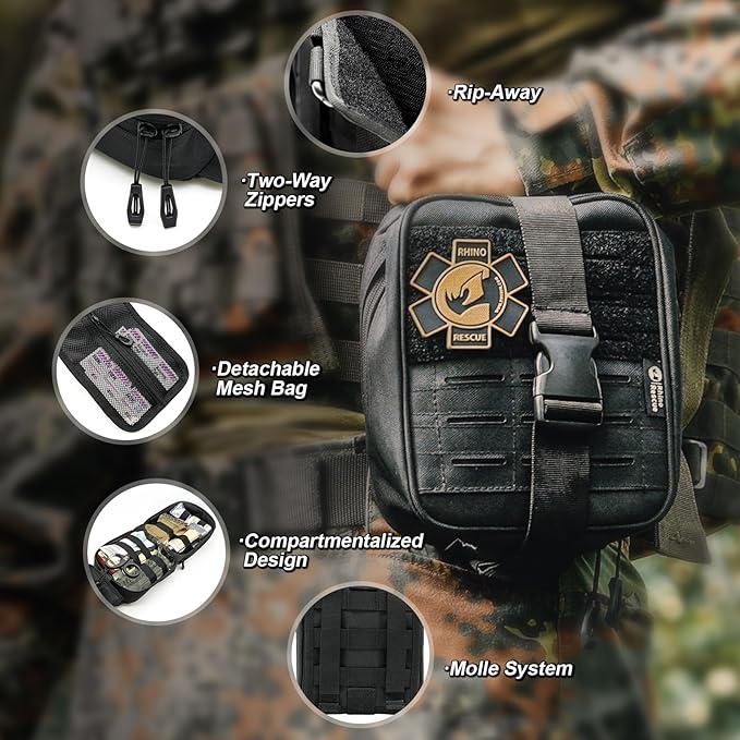 RHINO RESCUE IFAK Trauma Kit with C-A-T Tourniquet, Tactical First Aid Kit Molle Pouch for Military, Combat, Car, Camping, Hiking, Travel (Camo)