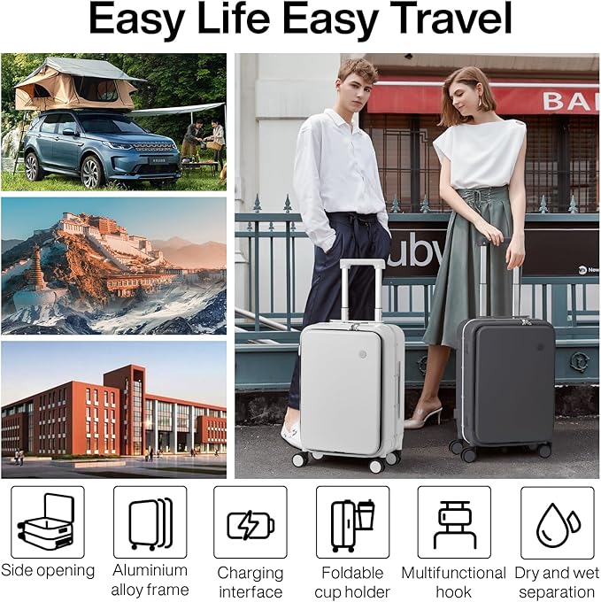 mixi Carry On Luggage with Cup Phone Holder and Charger Hard Shell Suitcases with Spinner Wheels,20 Inch Rock Gray