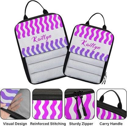 Custom 6 Set Compression Packing Cubes with Name Striped Personalized Compressible Expandable Packing Organizers Luggage Carry On Suitcase Bags Travel Accessories Gifts, Blue Purple