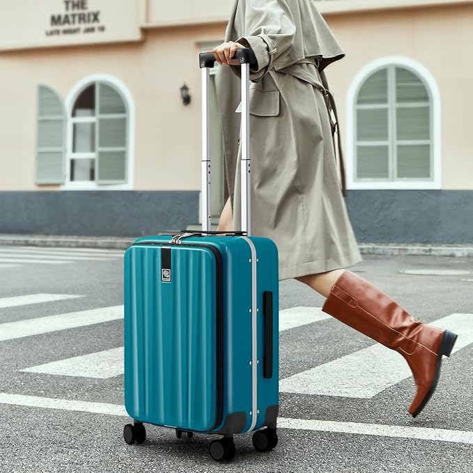 Hanke 24 Inch Checked Luggage Hard Shell Top Opening Aluminum Frame Hardside Medium Suitcase with Spinner Wheels, Durable Rolling Luggage for Men & Women Travel, Caribbean Blue