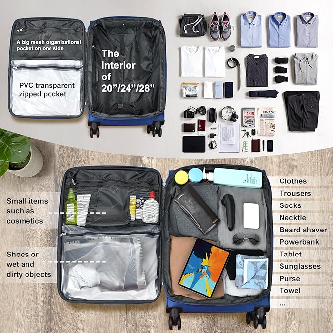 Verdi Softside Expandable 28 Inch Luggage with Spinner Wheels Lightweight Travel Suitcase (Navy, Checked-Large 28-Inch)