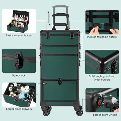 Makeup Train Case with Drawer, Rolling Makeup Case, Cosmetology Case on Wheels, Gift, Travel Makeup Organizers, Profesional Cosmetic Case for Salon Barber,Nail,Tattoo,Green