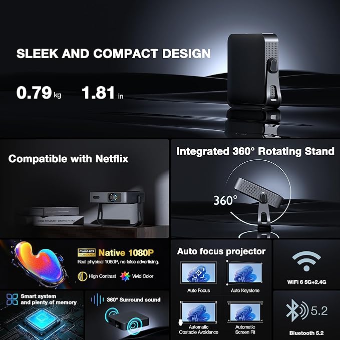 AuKing Projector, 2025 Upgraded Smart Projector, Full HD 1080P Home Theater Video Projector, Compatible with HDMI/USB/AV/Smartphone/TV Box/Laptop