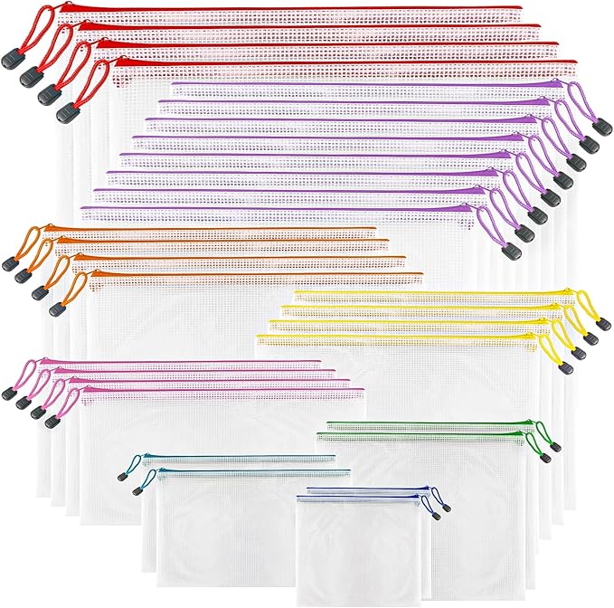 Mesh Zipper Pouch Bags, 32 Pcs Zipper Bags, 8 Size Waterproof Zipper Pouches for Organizing, Assorted Color Plastic Zipper Pouches, Mesh Bags with Zipper for Travel, School, Home and Office Supplies.