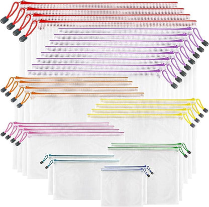 Mesh Zipper Pouch Bags, 32 Pcs Zipper Bags, 8 Size Waterproof Zipper Pouches for Organizing, Assorted Color Plastic Zipper Pouches, Mesh Bags with Zipper for Travel, School, Home and Office Supplies.