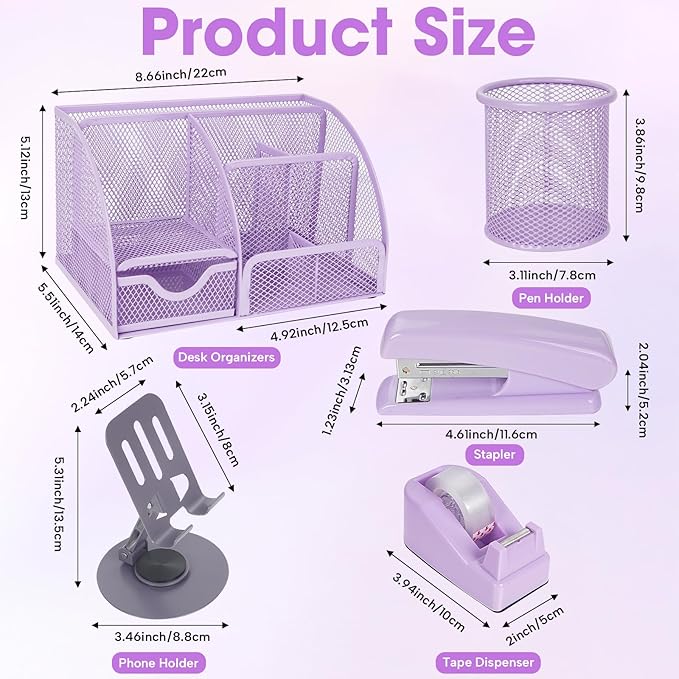 Desk Organizers and Accessories, Office Supplies 15PS Set with Stapler, Staple Remover, Pen Holder, Clips Set, Tape Dispenser, Tape, Phone Holder, 1000 Staples, Ruler, Scissors (Purple)