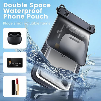 Waterproof Phone Pouch, [Up to 8.5''] Double Space Waterproof Phone Case with Lanyard for iPhone 17 16 15 Pro Max Galaxy S25 Ultra, Cellphone Dry Bag for Beach Vacation, 2 Pack (Black & Black)