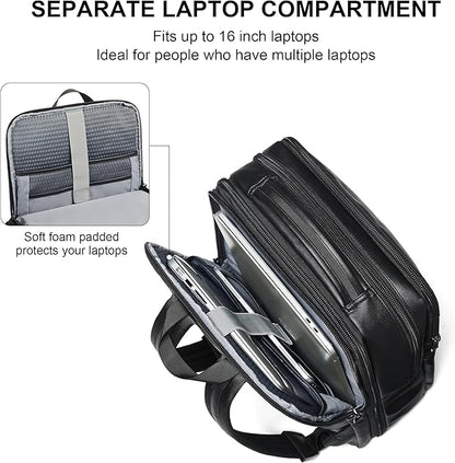 Shrrie Vegan Leather Laptop Backpack for Women&Men,16 Inch Expandable Backpack with USB Charging Port,Two-toned Black