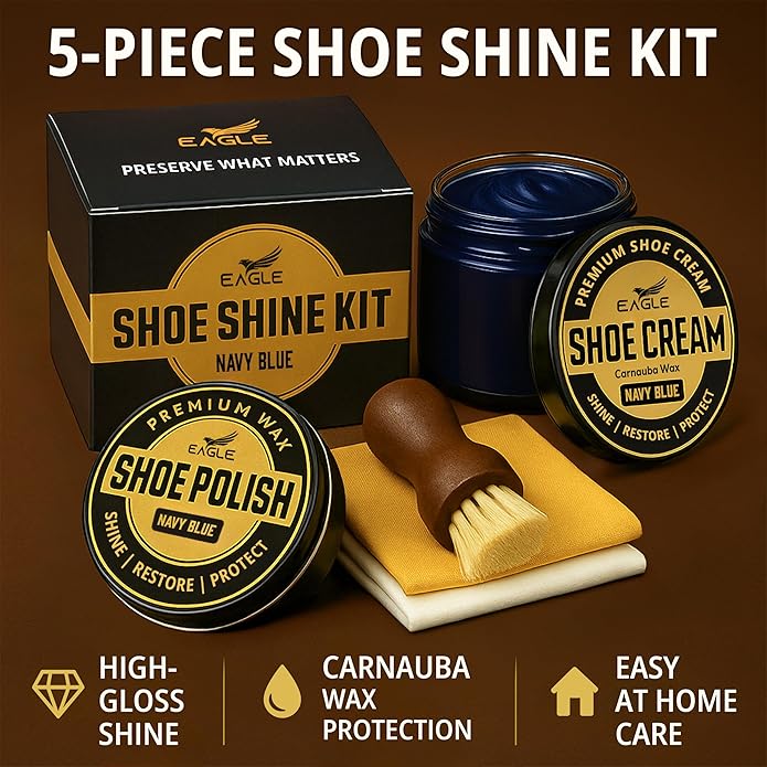 Eagle Shoe Shine Kit Navy Blue – 5-Piece Leather Shoe Polish & Cream Set with Brush & Cloths | Beeswax Waterproof Polish + Carnauba Wax Shoe Cream | Restore, Shine & Protect Dress Shoes & Boots