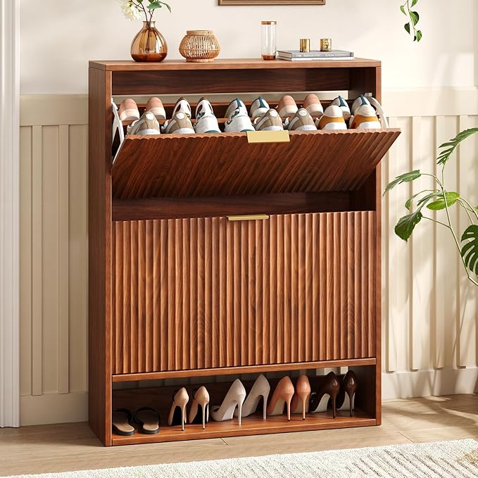 31.5''W Walnut Shoe Storage Cabinet for Entryway with 2 Flip Drawers, Narrow Wood Fluted Shoe Rack Cabinet,Freestanding Slim Shoe Organizer Cabinet for Foyer, Hallway