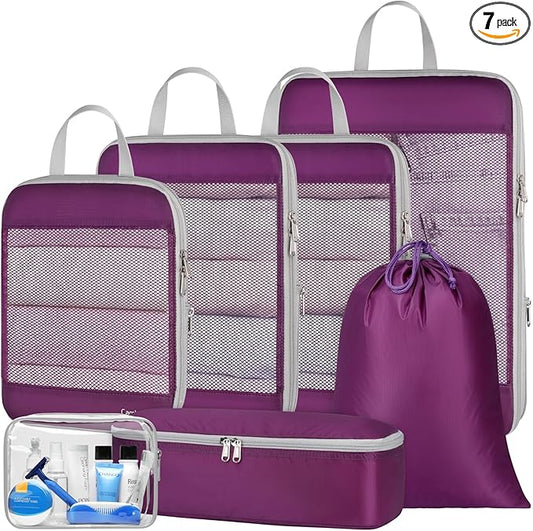 Cambond See Thru Mesh Compression Packing Cubes - 7 Set Packing Cubes for Suitcases, Sturdy Travel Cubes for Carry on Suitcases Travel Essentials with Underwear Bag Shoe Bag Toiletry Bag, Purple