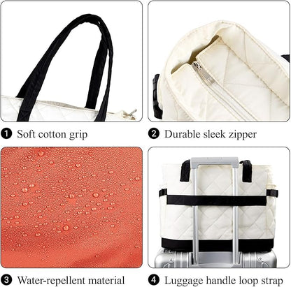 Puffer Tote Bag for Women, Work Bag with Cup Holder, Teacher Bag with Compartments, Quilted Tote Bag with Zipper for Travel