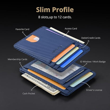 Buffway Slim Minimalist Front Pocket RFID Blocking Leather Wallets for Men and Women - Carbon Fiber Blue