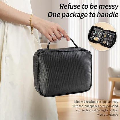 Travel Jewelry Organizer Case with Multiple Clear Zipper Pockets - Ring Binder Style Storage Bag for Necklaces, Earrings, Rings, Bracelets, Ideal for Gifts & Travel(black)