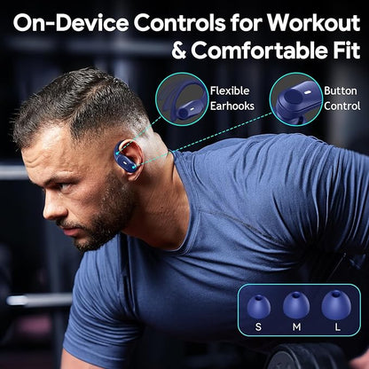 GOLREX Noise Cancelling Ear Buds Wireless Earbuds Bluetooth Headphones with 80H Playtime, Dual LED Display, Wireless Charging Case, Over-Ear Hooks Earphones for Sports Running Gym Workout Blue