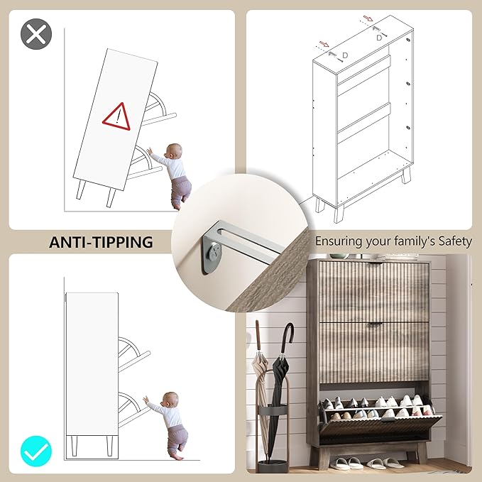 Shoe Cabinet Storage for Entryway with 3 Flip Drawers, Fluted Narrow Shoe Organizer with Wooden Legs, Freestanding Slim Shoe Storage Hidden Shoe Rack Organizer for Front Door Entrance, Hallway, Grey