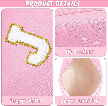 Gifts for Teacher Initial Makeup Bag Personalized Cosmetic Bag Cute Travel Toiletry Bag Small Chenille Letter PU Makeup Pouch Organizer Preppy Birthday Gift for Daughter Teen Girls (Pink J)