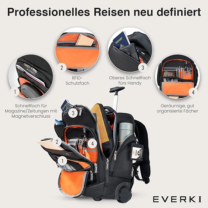 EVERKI Atlas Wheeled 2 Rolling Backpack, 30L 13 To 17.3-Inch Laptops Travel Backpack with Wheels for Professional, RFID-Blocking Pocket, Book Bag with Wheels, Business Travel. Quick-access Pockets