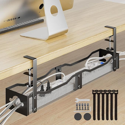 DELAMU 25'' Upgraded Under Desk Cable Management, No Dill Desk Cable Management with F-Clamp, Metal Cable Management Tray to Cord Organizer for Home Office, 1 Pack, Black