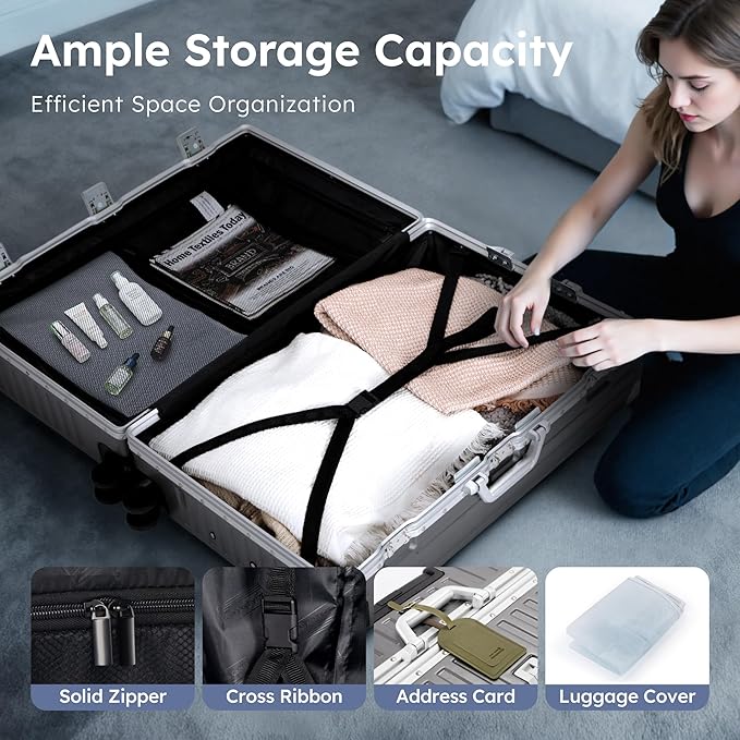 ALPHA CAMP 24 Inch Check-in Luggage, Dual Layer Aluminum Frame Luggage with TSA Locks, 3-Layer PC Hard Shell Zipperless Lightweight Hardside Travel Suitcase, Type-C USB Charging Port, Cup Holder Grey