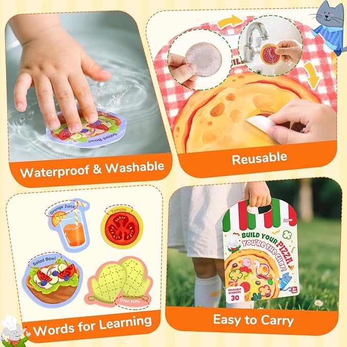JoyCat Reusable Sticker Book - Jelly Stickers for Toddlers, Kids Sticker Activity Book, Travel Toys for Road Trip, Car & Airplane, Educational Learning Gifts for Boys and Girls Ages 3-5 (Pizza-Making)