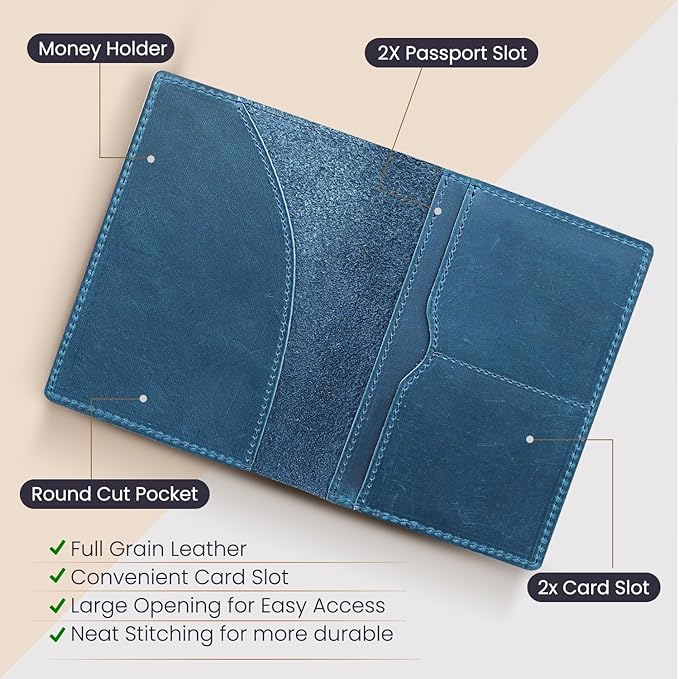 Leather Passport Holder with Travel Wallet, Genuine Leather Passport Cover- Passport Wallet, Leather Folding Wallet for Passports (Oval Cut, Blue)
