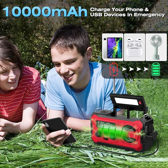 10000mAh Emergency Radio, NOAA Weather Radio with AM/FM, 37000mWh Rechargeable Phone Power, USB/Solar/Hand Crank Charging, LED Flashlight, SOS Alarm, Reading Lamp for Indoor/Outdoor Emergencies