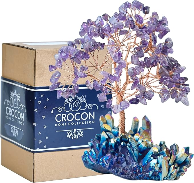 Amethyst Crystal Tree with Rainbow Titanium Cluster Base Tree of Life Decor for Shelf, Bedroom, Birthday Gifts for Women, Sister Gifts, Birthday Gifts for Mom, Cute Home Decor, Purple Decor Present