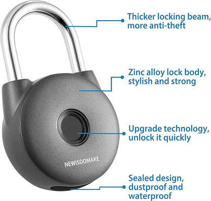 Fingerprint Padlock, Smart Lock with Key Backup, Waterproof for Gym, Luggage, Bookcase, Suitcase, Backpack, Bike, School Locker (Gray)