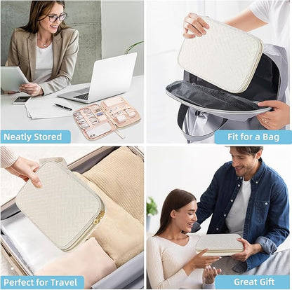 Electronics Organizer Travel Case, Charger Bag Cord Organizer Travel, All-in-One Cable Organizer Bag for Charger, Cords, Phone, Headphones, Flash Drive, SD Card (Beige, Large-Double Layer)