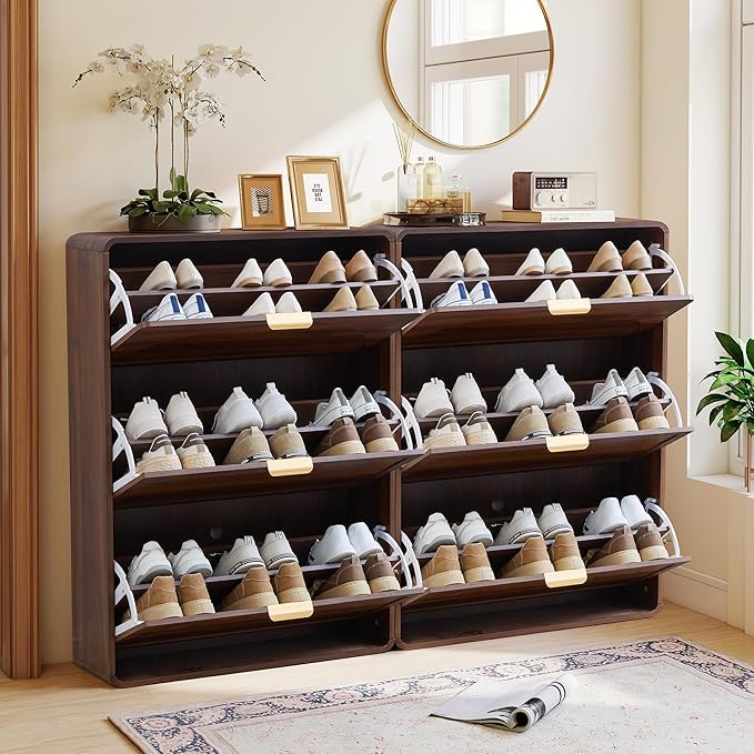 Hidden Shoe Cabinet with Drawer, Free Standing Narrow Shoe Rack Cabinet for Entryway Slim, 3 Flip Drawer Shoe Storage Organizer Cabinet for Entry,Hallway,Door,Dorm,Small Spaces - Walnut
