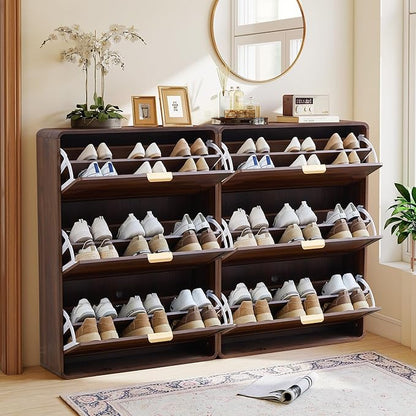 Hidden Shoe Cabinet with Drawer, Free Standing Narrow Shoe Rack Cabinet for Entryway Slim, 3 Flip Drawer Shoe Storage Organizer Cabinet for Entry,Hallway,Door,Dorm,Small Spaces - Walnut