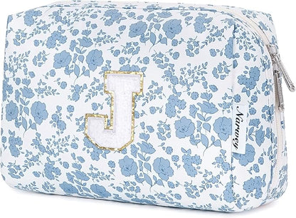 Narwey Birthday Gifts for Teen Girls Kids Women Personalized Initial Floral Makeup Bag Cute Cosmetic Trendy Stuff 6 8 10 11 12 13 14 16 18 Years Old Travel Toiletry Bag (Little Blue Flower J)