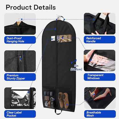 2 Pack Heavy Duty Garment Bags for Travel Suit Bags, Dress Bags, Garment Bags for Hanging Clothes with Pockets Men's Suit Holder for Shirts, Coats, Dresses (Black, 2Pack 60")
