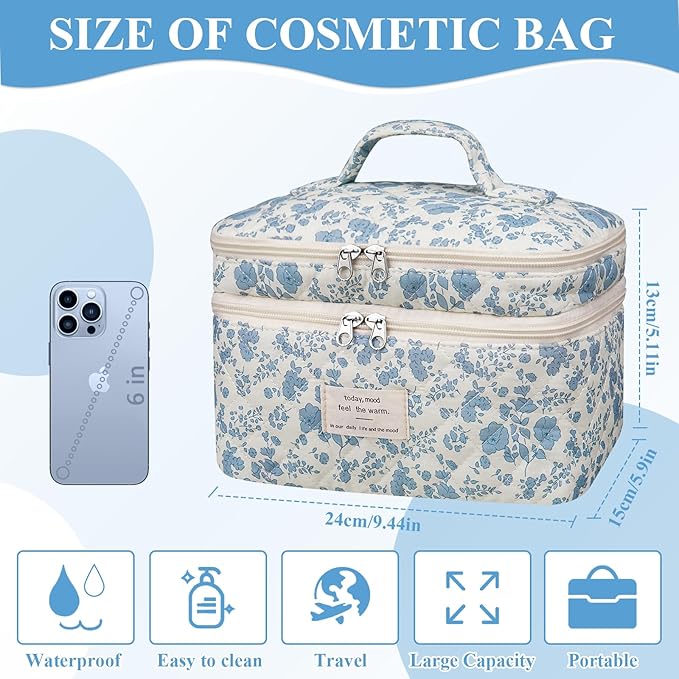 Makeup bag, Large Cosmetic Bag for Women Girls, Cute Quilted Makeup Bags, Floral Coquette Aesthetic Toiletry Bag, Travel Make Up Organizer Bag (Bear)