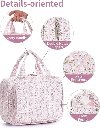 Narwey Hanging Toiletry Bag for Women Travel Makeup Bag Organizer Toiletries Bag for Travel Size Essentials Accessories Cosmetics (Pink Flower Buds (Medium))