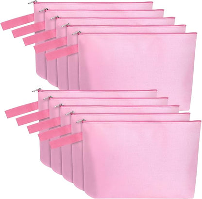 10 Pieces Cotton Canvas Makeup Bag with Bottom and Strap, Multi-Purpose Cosmetic Bag with Zipper Travel Toiletry Pouch, Blank DIY Craft Bag (Pink, L)