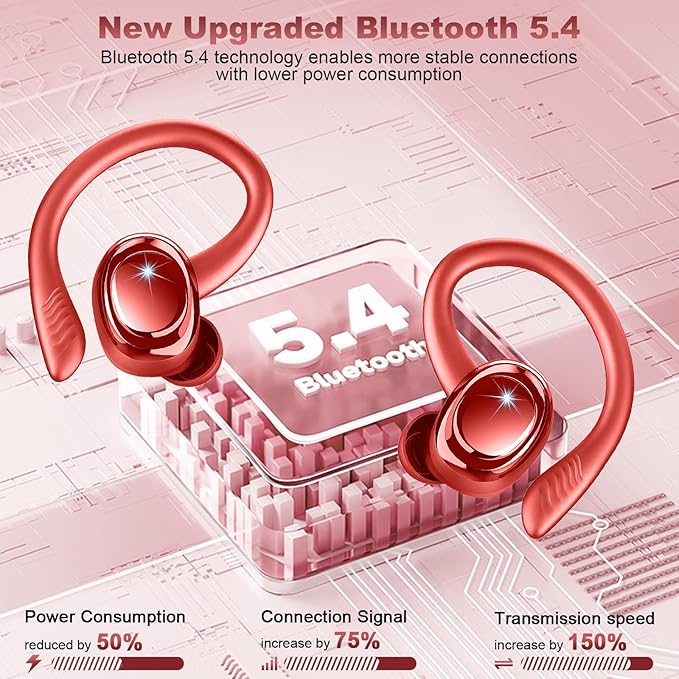 Wireless Earbuds Sport, New Bluetooth 5.4 Headphones with Earhooks, 50H Stereo Deep Bass Over Ear Buds with 4 ENC Noise Canceling Mics, IP7 Waterproof Earphones for Running Workout Gym -Red