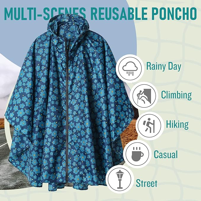 SaphiRose Unisex Rain Poncho Waterproof Raincoat Hooded for Adults Women with Pockets