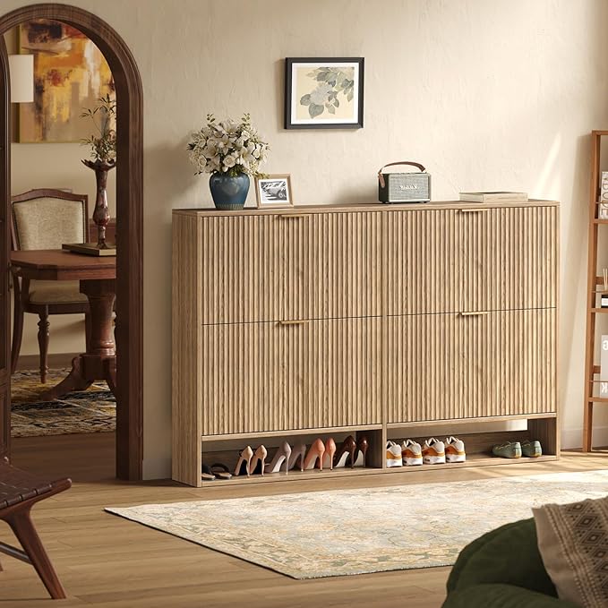 47.2''W Oak Shoe Storage Cabinet for Entryway with 4 Flip Drawers, Narrow Wood Fluted Shoe Rack Cabinet,Freestanding Slim Shoe Organizer Cabinet for Foyer, Hallway