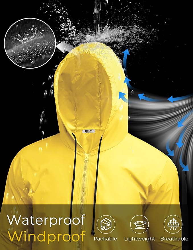 COOFANDY Mens Packable Rain Jacket Lightweight Waterproof Raincoat with Hood Outdoor Rain Gear Travel Hiking Cycling