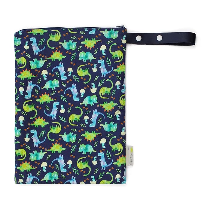 Itzy Ritzy Sealed Wet Bag with Handle – Wet Bag for Travel, Swimsuits, Cloth Diapers, Gym Clothes & Toiletries - Washable & Reusable with Water Resistant Lining - Measures 11” x 14” (Dinosaur)