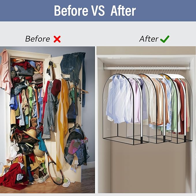 10" Gusseted All Clear Garment Bags - 4 Pack 60" Hanging Clothes Storage Bags for Suits, Coats, Dresses, Shirts - Side Zipper, Breathable Fabric, Dustproof, Waterproof PEVA Material (60 inch)