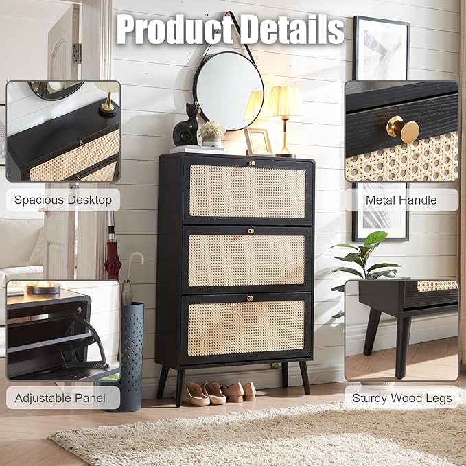 Rattan Shoe Cabinet with 3 Flip Drawers, 48 Pairs Narrow Shoe Storage Cabinet for Entryway Freestanding Hidden Shoe Rack, Modern Slim Wood Shoe Organizer for Hallway, Black