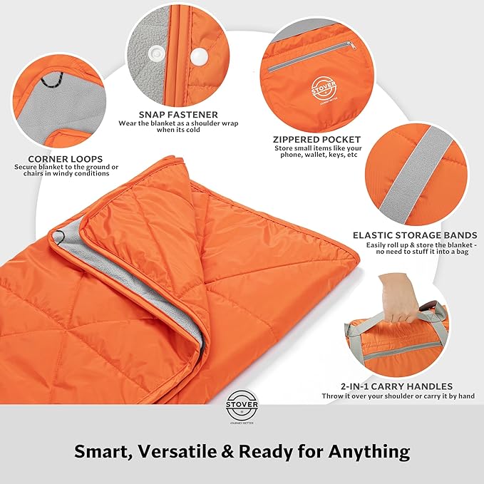 STOVER Large Waterproof Outdoor Stadium Blanket– Extra Thick Soft Fleece Camping Blanket for Travel, Picnics, Sports, Dogs– 79"x55" Warm, Windproof, Sand-proof, Lightweight, Packable (Game Day Orange)